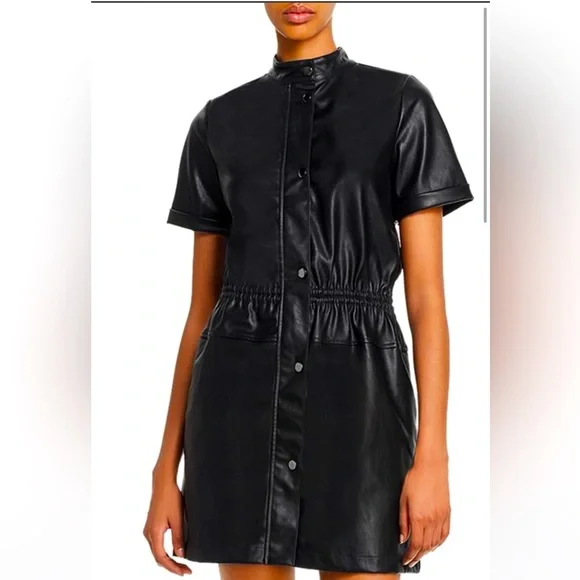 faux leather utility dress Dark Brown Button Down Faux Leather Mini Dress LD2108
